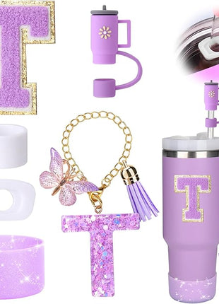 Mity rain 6PCS Cup Accessories Set for Stanley Cup 30oz 40oz tumbler with handle, Including Silicone Straw Topper Cover Cap and Boot, Spill Proof Stopper, Handle Charm, Initials Sticker (Letter T)