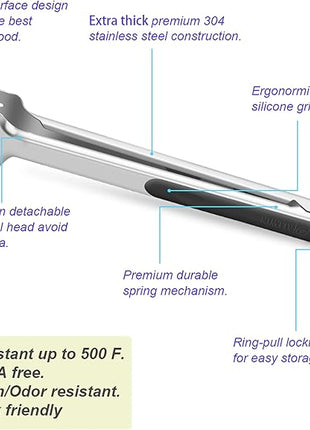 Premium 304 Stainless Steel Barbecue Turners, Heavy Duty Non-Stick BBQ Cooking Kitchen Tongs