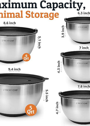 Priority Chef Stainless Steel Mixing Bowls with Lids Set, 3 Grater Attachments, Airtight Lids, Non-Slip Silicone Base Mixing Bowl Set, Large Prep Metal Mixing Bowls for Kitchen, Black