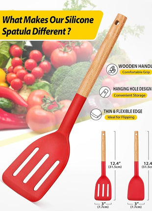 Pack of 2 Silicone Cooking Spatula, Heat Resistant Solid Turner, Non Stick Slotted Spatulas with Wooden Handle,Ideal Wood Kitchen Utensils Set for Frying, Baking, Flipping, Turning (RED)