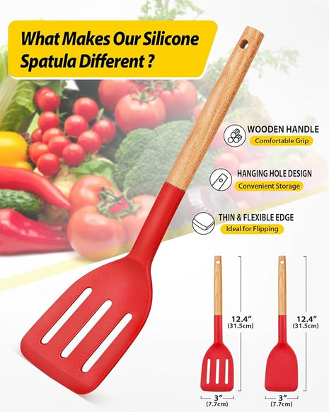 Pack of 2 Silicone Cooking Spatula, Heat Resistant Solid Turner, Non Stick Slotted Spatulas with Wooden Handle,Ideal Wood Kitchen Utensils Set for Frying, Baking, Flipping, Turning (RED)