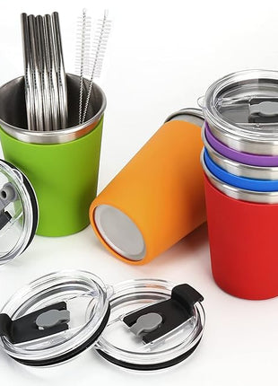 ShineMe Stainless Steel Kids Cups, 5pack with Spill Proof Lids, Straws & Silicone Sleeves, 12oz, BPA Free, Insulated, for Cold & Hot Drinks