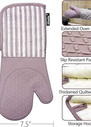 Silicone Oven Mitts Heat Resistant 932℉ with Waterproof & Non-Slip Kitchen Mittens, Set of 2 Extra Long Oven Gloves with Soft Cotton Terry Lining for Baking Cooking Barbecue(2, Purple Mitts)