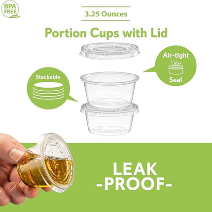 (3.25 oz - 100 Sets) Clear Diposable Plastic Portion Cups With Lids, Small Mini Containers For Portion Controll, Jello Shots, Meal Prep, Sauce Cups, Slime, Condiments, Medicine, Dressings,