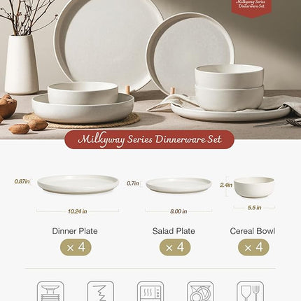 Famiware Milkyway Plates and Bowls Sets, 12 Pieces Dinnerware Sets, Reactive Glaze Dish Set, Stoneware Dishes Set for 4, Matte Beige White