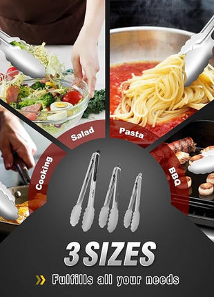 Walfos Stainless Steel Kitchen Tongs for Cooking- 7 ，9 and 12 Inch, Food Grade Metal Tongs for Cooking, BBQ, Set of 3 Heavy Duty Locking Cooking Tongs Non-Slip Grip