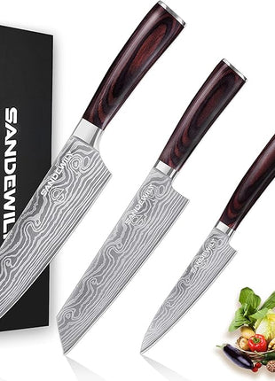 Professional Kitchen Knives High Carbon Stainless Steel Chef Knife Set,3PCS Ultra Sharp Japanese Knife with Sheath,Ergonomic Pakkawood Handle Elegant Gift Box for Home or Restaurant