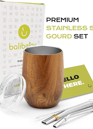 BALIBETOV 5 pcs large Yerba Mate Cup and Bombilla Kit, Includes one 8 oz Yerba Mate Gourd with Lid, Two Bombillas Mate Straw and one cleaning brush (Wood, 8.00)