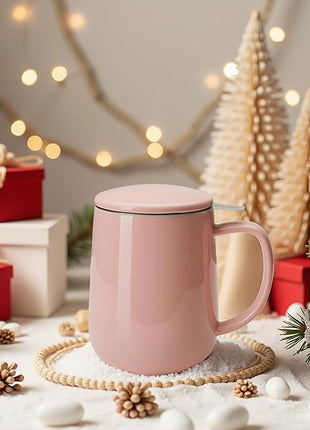 Sweese 20 OZ Porcelain Tea Mug with Infuser and Lid, Loose Leaf Tea Cup, Gifts for Tea Lover - Pink