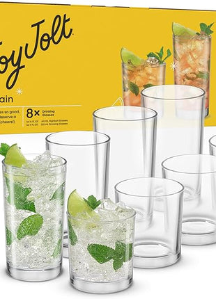 JoyJolt Alain Drinking Glasses Set of 8 Glass Tumblers. Highball 14oz Bar Glasses and Lowball 10oz Rocks Glasses Set. Cocktail, Juice, Whiskey Glasses or Water Glasses. Kitchen or Bar Glassware Set