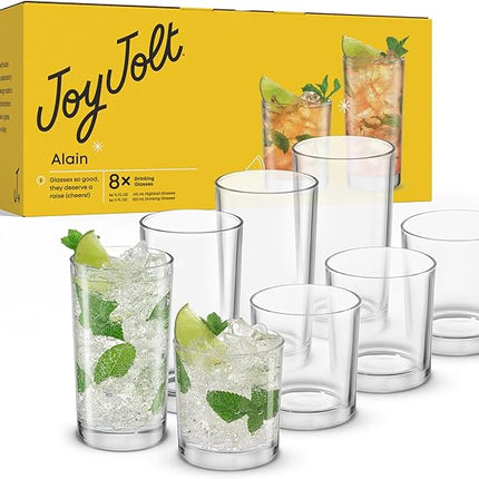 JoyJolt Alain Drinking Glasses Set of 8 Glass Tumblers. Highball 14oz Bar Glasses and Lowball 10oz Rocks Glasses Set. Cocktail, Juice, Whiskey Glasses or Water Glasses. Kitchen or Bar Glassware Set