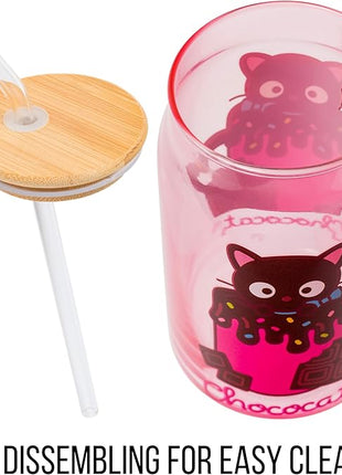 Silver Buffalo Sanrio Hello Kitty & Friends Chococat Chocolate Pink Glass Jar Tumbler with Bamboo Lid and Glass Straw, 16 Ounces