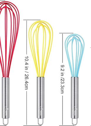 HOTEC 4 Pieces Silicone Whisks Set, Wire Balloon Whisks Egg Beater, Non-slip Handle Whisk for Non-stick Cookware Perfect for Cooking, Stirring, Beating and Blending (Multicolor)