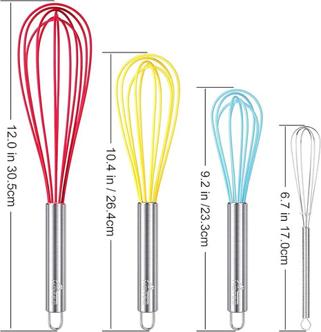 HOTEC 4 Pieces Silicone Whisks Set, Wire Balloon Whisks Egg Beater, Non-slip Handle Whisk for Non-stick Cookware Perfect for Cooking, Stirring, Beating and Blending (Multicolor)