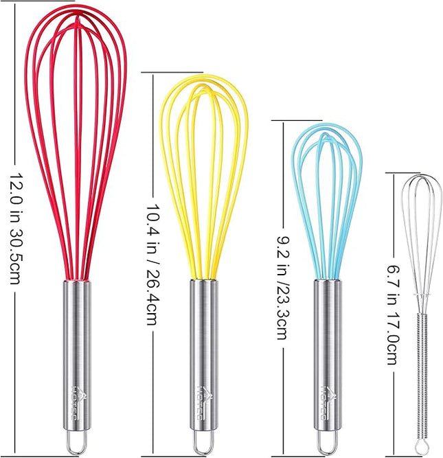 HOTEC 4 Pieces Silicone Whisks Set, Wire Balloon Whisks Egg Beater, Non-slip Handle Whisk for Non-stick Cookware Perfect for Cooking, Stirring, Beating and Blending (Multicolor)