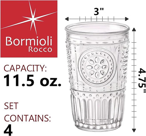 Bormioli Rocco Romantic Water Glass [Set Of 4] | 10.25 oz Premium Glass Set For Refreshments, Soda & Beverages | Italian Quality Glassware, Perfect For Dinner Parties, Bars & Restaurants
