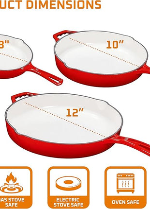 Bruntmor Set of 3 Enameled Cast Iron Skillets - Includes 8, 10, and 12 Inch Cast Iron Pan with Ceramic Nonstick Coating and Tempered Glass Lid - Durable Cookware for Frying, Baking, and Grilling - Red