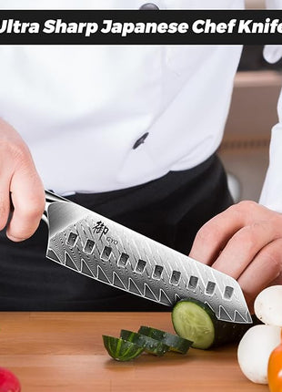 SHAN ZU Damascus Chef Knife Santoku Knife 7 Inch Professional Multifunction Kitchen Knives, 67 Layers Damascus Stainless Steel 10Cr15CoMoV Super Sharp Cooking Knife with G10 Handle/Gift Box