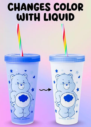 Silver Buffalo Care Bears Hearts and Stars 4 Pack Plastic Color Changing Tumblers with Rainbow Swirl Straws Featuring Tenderheart, Funshine, Cheer, and Grumpy Bear 24 Ounces