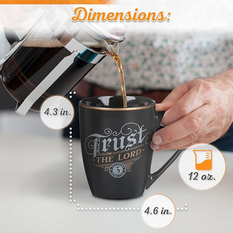 Christian Art Gifts Inspirational Ceramic Coffee & Tea Mug for Men & Women: Trust in the Lord Encouraging Bible Verse Proverb, Sturdy Lead & Cadmium-free Non-toxic Drinkware, Matte Black & Gold, 12 oz