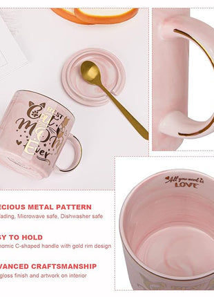 Cat Mom Gifts for Women, Cat Gifts for Cat Lovers - Best Cat Mom Ever - 14oz Pink Ceramic Marble Gold Pattern Coffee Mug with Gift Box, Christmas gifts for Crazy Cat Lady, Mom Wife Daughter Friends