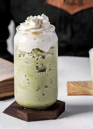 Drinking Glasses with Bamboo Lids and Glass Straw 2PCS Set, 16oz Glass Cups with Lids and Straws, Beer, Iced Coffee Glasses, Soda, Gift 1 Cleaning Brushes