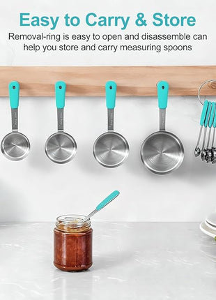 Measuring Cups and Spoons Set Stainless Steel 10 Piece for Cooking and Baking (5 Cups + 5 Spoons, Aqua Sky Handle)