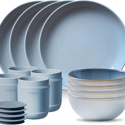 Corelle Stoneware Dinnerware Set, Handmade Reactive & Solid Glazed Ceramic Plates and Bowls, Modern Rustic Style Round Dishes, Service for 4, Nordic Blue 16 PIECE SET