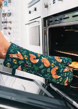 Oven Mitts Cotton Fashion Cute Fox Design 1 pair Heat Resistant Oven Gloves Safe Cooking Baking Grilling Barbecue Machine Washable (fox, oven mitts)