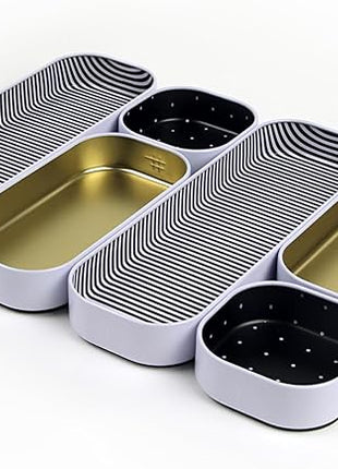 Three by Three Seattle 6 Piece Shallow Metal Organizer Tray Set for Storing Makeup, Stationery, Utensils, and More in Office Desk, Kitchen and Bathroom Drawers (1 Inch, Gold Dots and Stripes)