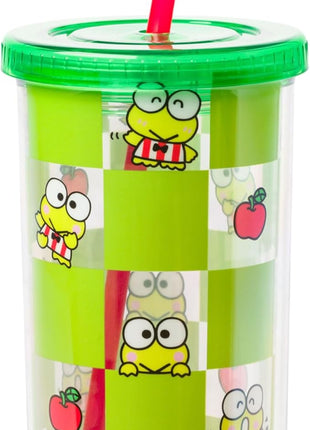 Silver Buffalo Sanrio Hello Kitty and Friends Keroppi Green Checkered Plastic Cold Cup with Lid and Straw, 20 Ounces
