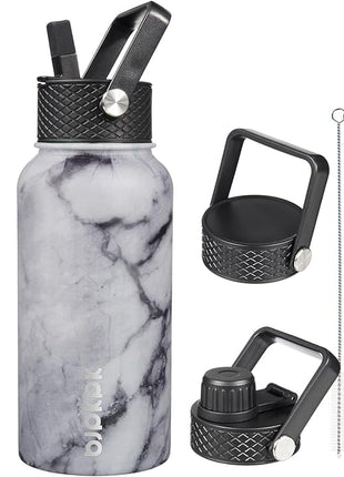 BJPKPK Insulated Water Bottles with Straw Lid, 27oz Stainless Steel Water Bottle with 3 Lids, Leak Proof BPA Free Metal Thermo, Mugs, Tumblers, Keep Cold Hot - Carrara Marble