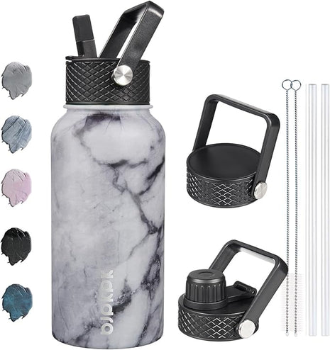 BJPKPK Insulated Water Bottles with Straw Lid, 27oz Stainless Steel Water Bottle with 3 Lids, Leak Proof BPA Free Metal Thermo, Mugs, Tumblers, Keep Cold Hot - Carrara Marble