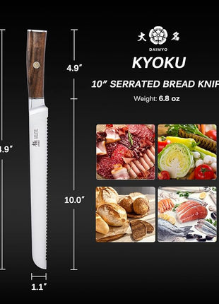 KYOKU 10 Inch Bread Knife - Daimyo Series - Serrated Knife with Ergonomic Rosewood Handle, and Mosaic Pin - Japanese 440C Stainless Steel Bread Cutter with Sheath and Case
