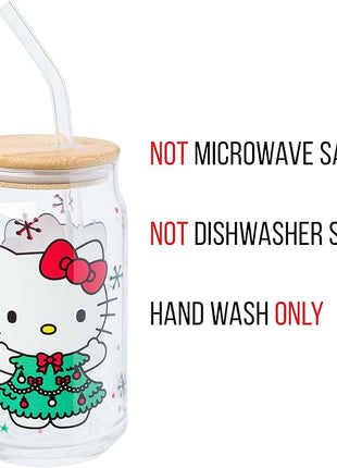 Silver Buffalo Sanrio Hello Kitty Holiday Glass Tumbler with Bamboo Lid and Glass Straw, 16 Ounces