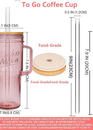 ANOTION Colored Glass Cups with Handle Set of 4, 24oz Glass Cups with Lids and Straws Travel Coffee Mug Bamboo Mason Jar Iced Cup Smoothie Tea Clear Cute Water Drinking Jars Glasses