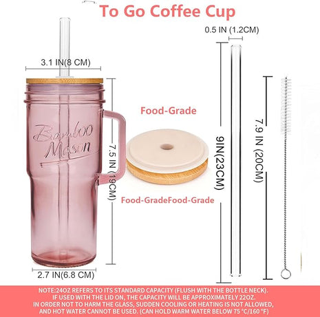 ANOTION Colored Glass Cups with Handle Set of 4, 24oz Glass Cups with Lids and Straws Travel Coffee Mug Bamboo Mason Jar Iced Cup Smoothie Tea Clear Cute Water Drinking Jars Glasses