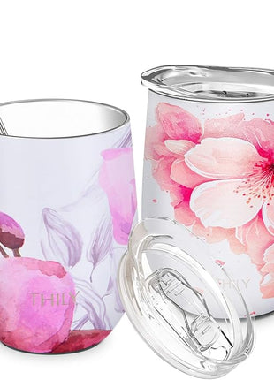 THILY Vacuum Insulated Stemless Wine Tumbler 12 oz Stainless Steel Wine Glass with Lid and Straw, Keep Cold or Hot for Coffee, Cocktails, 2 Pack(Lotus Flower + Cherry Blossoms)