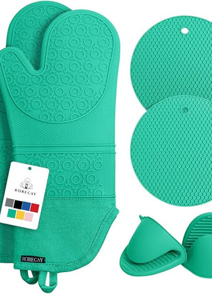 Rorecay 6pcs Oven Mitts and Pot Holders Sets Heat Resistant 500 Degrees, Non-Slip Silicone Hot Pads Potholders for Kitchen Baking Cooking, Extra Long Oven Gloves Quilted Liner, Jungle