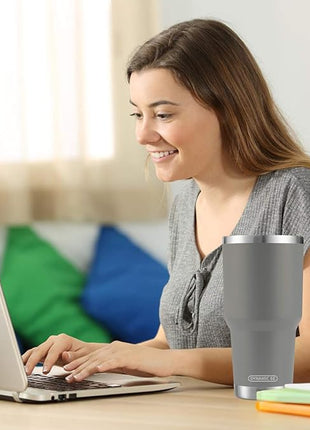 D·S 30oz Grey Tumbler Stainless Steel Insulated Travel Mug with Straw Lid Cleaning Brush (30oz Grey)