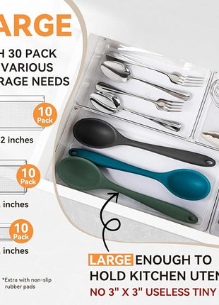 Criusia 30 Pack Large Clear Plastic Drawer Organizer Bins - Acrylic Kitchen Drawer Organization and Storage Dividers for Utensils Gadgets, Office Bathroom and Vanity Organizer for Makeup Accessoires