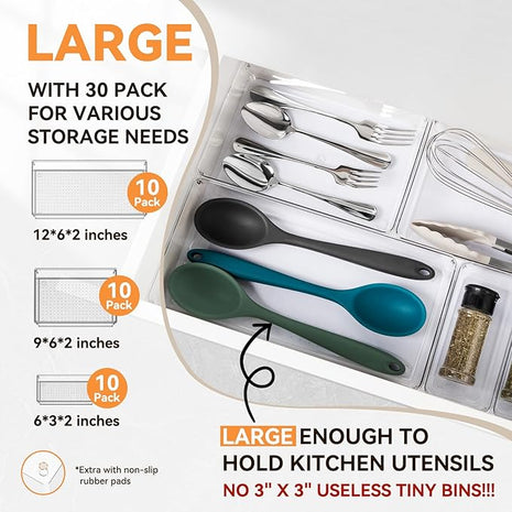 Criusia 30 Pack Large Clear Plastic Drawer Organizer Bins - Acrylic Kitchen Drawer Organization and Storage Dividers for Utensils Gadgets, Office Bathroom and Vanity Organizer for Makeup Accessoires