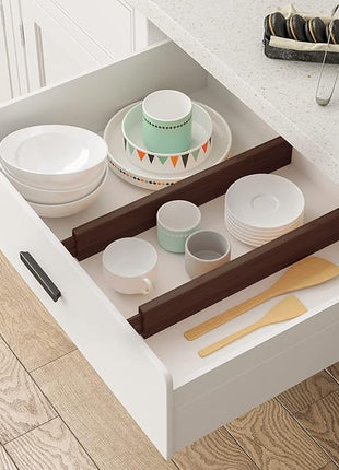 BAMEOS Drawer Divider,Expandable Bamboo Separators Adjustable Utensil Knife Fork Tool Kitchen Organizer, Clothes Fabric Drawer Organizer In Bathroom Bedroom Office, Cabinet Dresser Organizer 4-pack