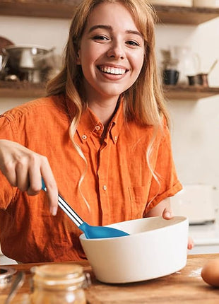 Pack of 2 Large Silicone Cooking Spoons, Non-Stick Stainless Steel Slotted and Solid Spoon Set for Serving, Mixing, Draining, Heat Resistant, Scratch Resistant and BPA Free Kitchen Scoops (Blue)