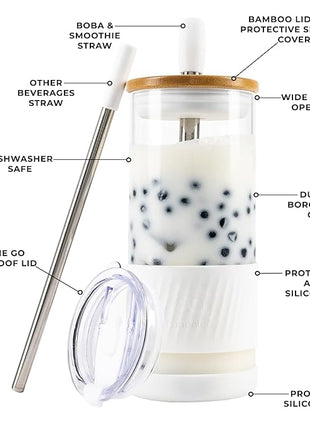 Pandaloo® Glass Cups With Lids and Straws -20 Fl Oz- Perfect Size Iced Coffee Cup - Smoothie Cup With Bamboo Lid and On the go Lid - Glass Tumbler With Straw (1 Count (Pack of 1), Coton White)