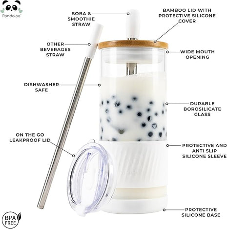 Pandaloo® Glass Cups With Lids and Straws -20 Fl Oz- Perfect Size Iced Coffee Cup - Smoothie Cup With Bamboo Lid and On the go Lid - Glass Tumbler With Straw (1 Count (Pack of 1), Coton White)