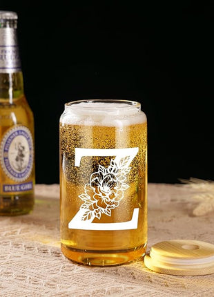 Coolife Initial Glass Cup, Monogrammed Gifts for Women, 16 oz Glass Cups w/Lids Straws, Iced Coffee Smoothie Beer Tumbler w/Straw Lid - Personalized Christmas, Birthday Gifts for Her Mom Friend Woman