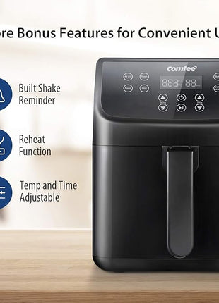 COMFEE' 5.8Qt Digital Air Fryer, Toaster Oven & Oilless Cooker, 1700W with 8 Preset Functions, LED Touchscreen, Shake Reminder, Non-stick Detachable Basket, BPA & PFOA Free (110 electronic Recipes)