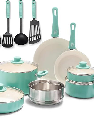 GreenLife Soft Grip Healthy Ceramic Nonstick, 15 Piece Cookware Pots and Pans Set, Induction, PFAS-Free, Dishwasher Safe, Turquoise