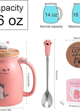 Cute Cat Cup Ceramic Coffee Mug with Kawaii Cat Wooden Lid, Lovely Stainless Steel Spoon, Anime Kitty Thicken Wooden Coaster, Christmas Birthday Cute Thing Japanese Mug 16oz (Pink)